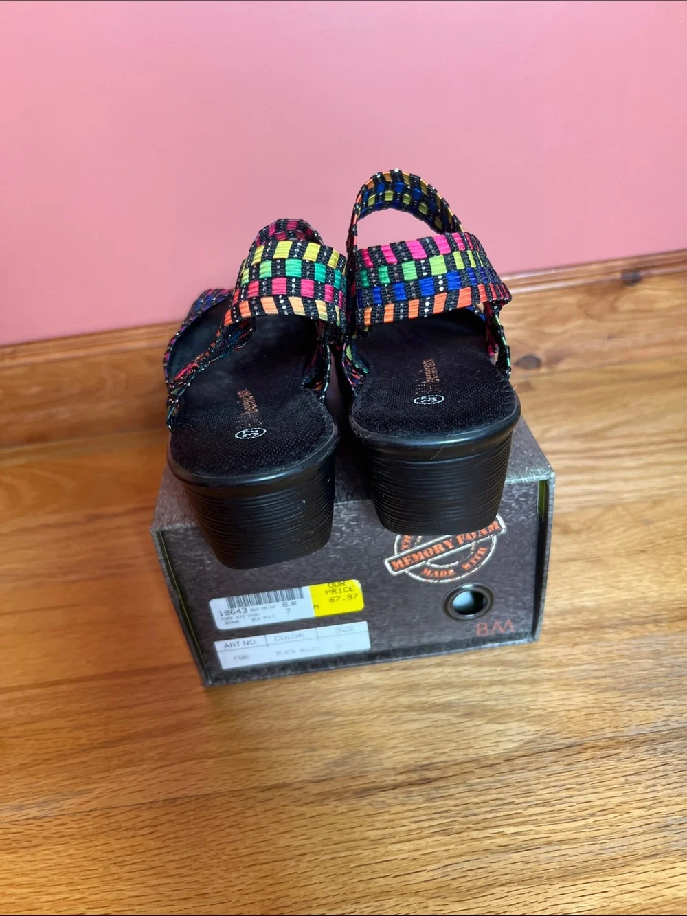 bernie mev. Black Wedge Sandals with Bright Multicolor Straps